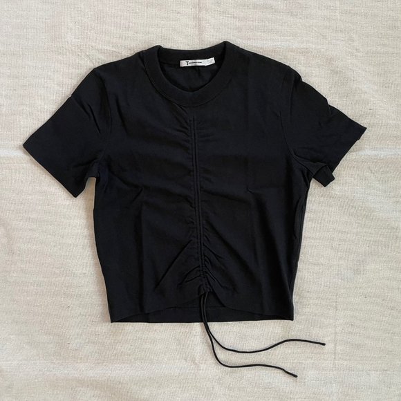 T by Alexander Wang, Short Sleeve Crop T-Shirt w/ Silk Ties , Black, XS - Picture 1 of 6